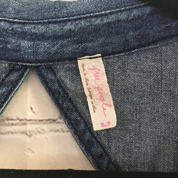 Free People Ivory Sheer Chiffon Lace Denim Blouse - Picture 6 of 8